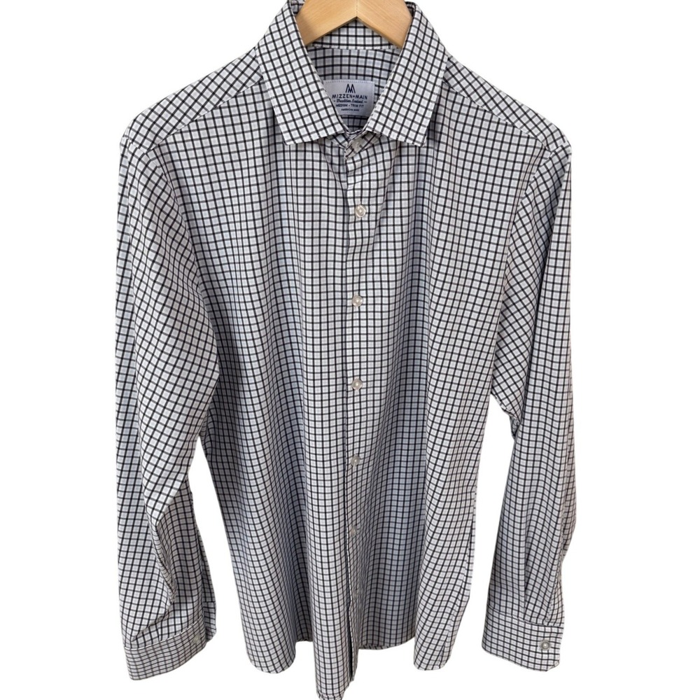Mizzen + Main Trim Fit Performance Long Sleeve Gray White Plaid Shirt Medium USA